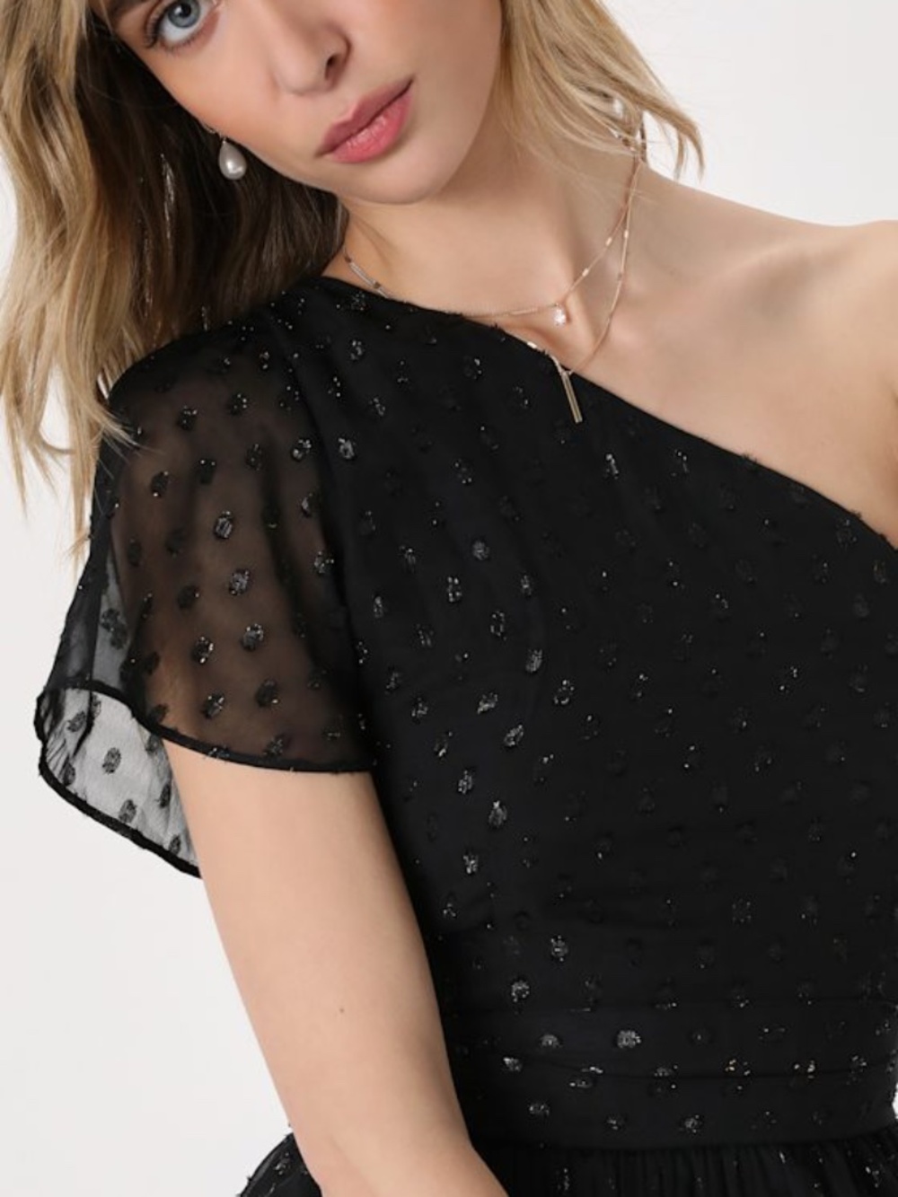 Lulus Shining Sight Black Metallic Gold Dotted One-shoulder Midi Dress - Size M
